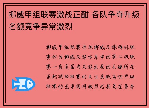 挪威甲组联赛激战正酣 各队争夺升级名额竞争异常激烈