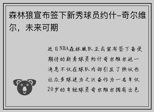 森林狼宣布签下新秀球员约什-奇尔维尔，未来可期